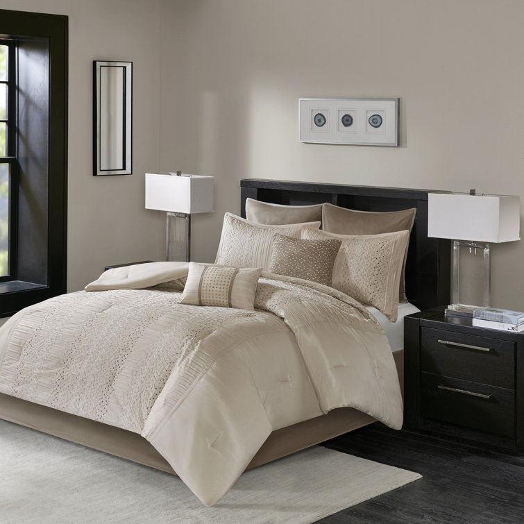 King Beige Faux Silk Embroidered Comforter Set