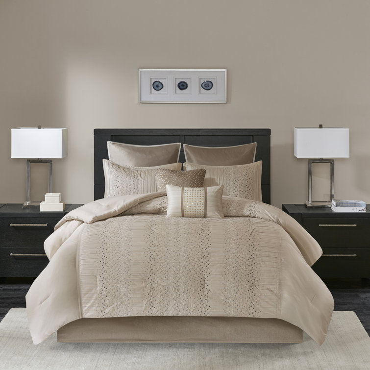 King Beige Faux Silk Embroidered Comforter Set