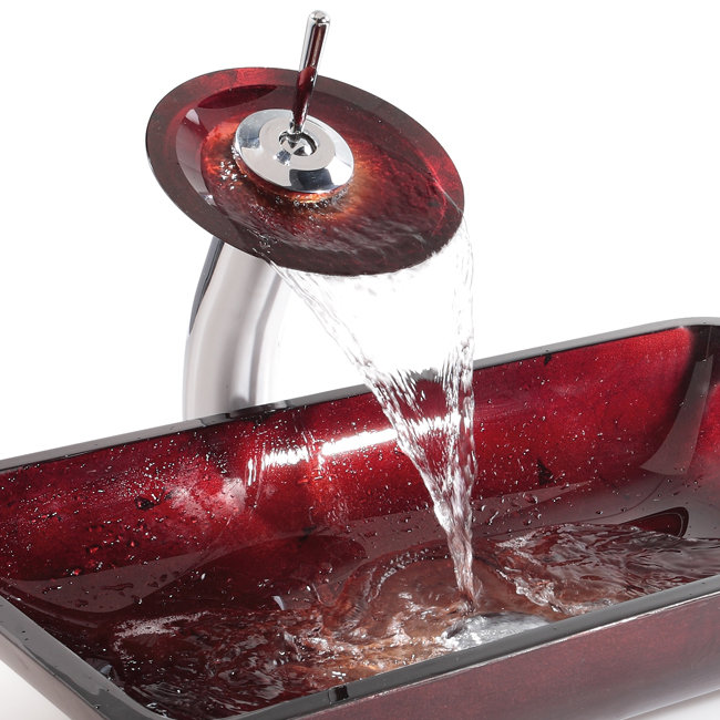 Fire Blue Glass Rectangular Vessel Sink with Chrome Faucet