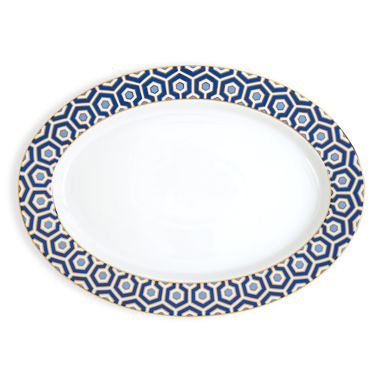Blue and Gold Hexagon Pattern Oval Porcelain Platter