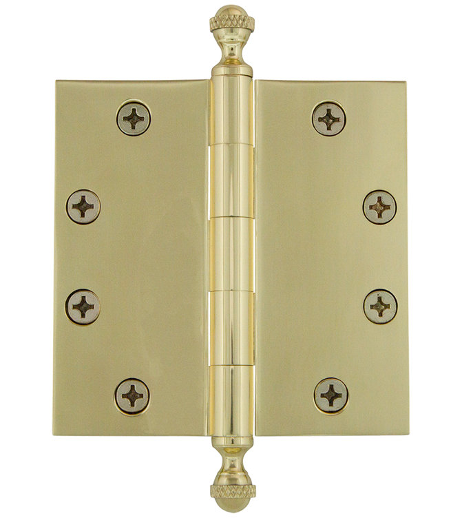 Grandeur 4.5" Unlacquered Brass Heavy Duty Door Hinge with Acorn Tips