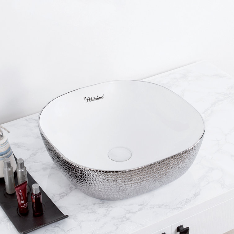 White and Silver Ceramic Square Bathroom Sink