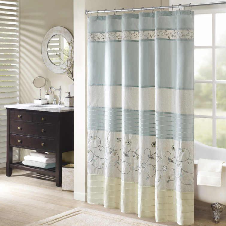 Green and Beige Faux Silk Embroidered Floral Shower Curtain