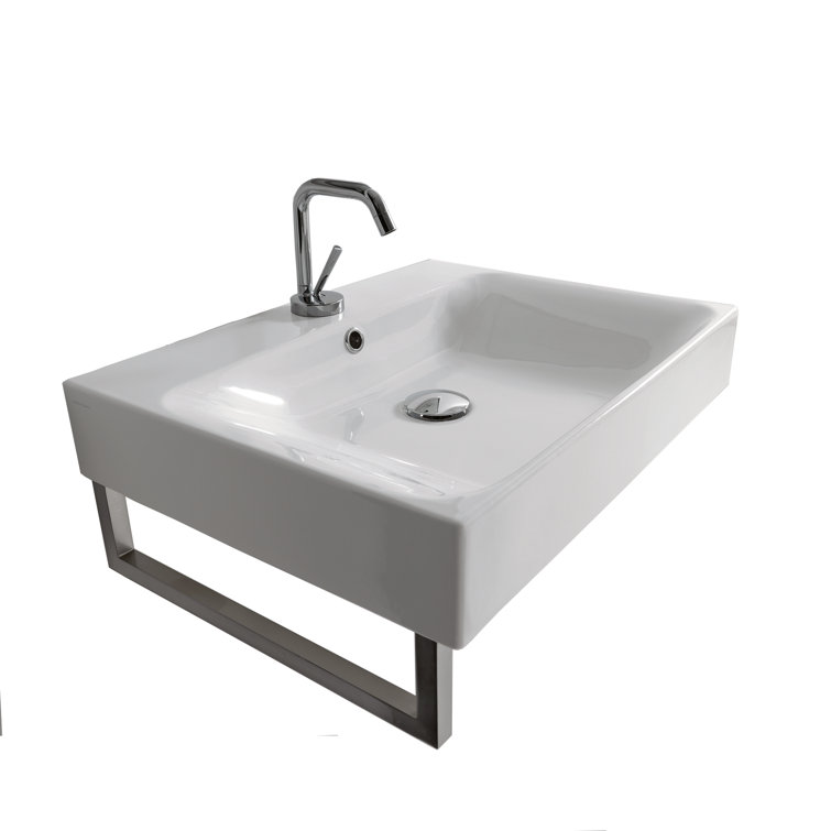 Glossy White Ceramic Rectangular Semi-Pedestal Bathroom Sink