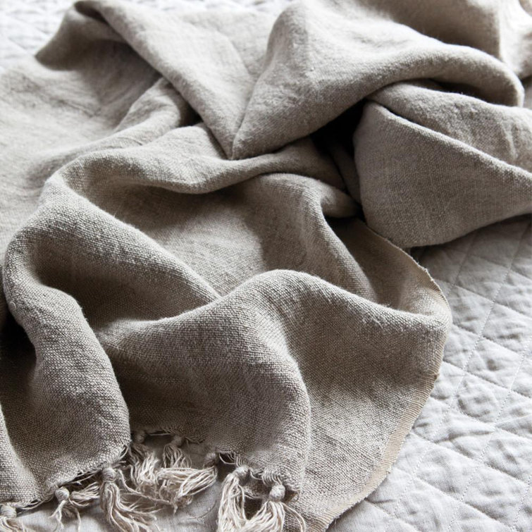 Natural Linen Knitted Throw Blanket with Fringe