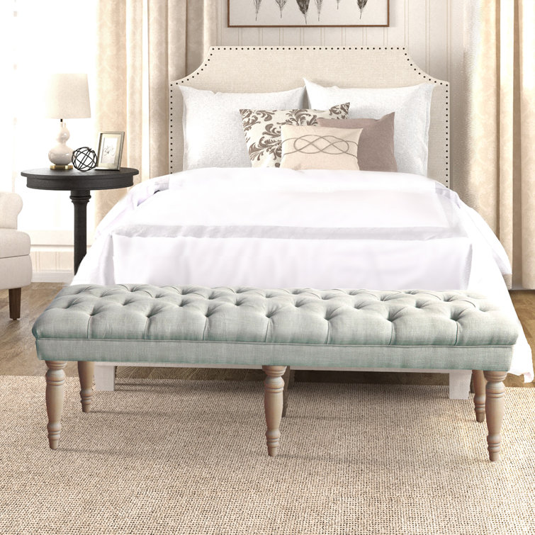 Layla 65'' Gray Tufted Fabric Bench with Turned Wood Legs