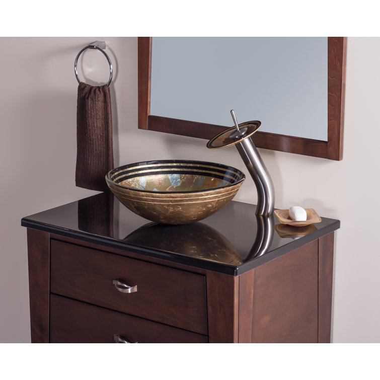 Golden Bronze Glass Round Vessel Sink with Brushed Nickel Faucet