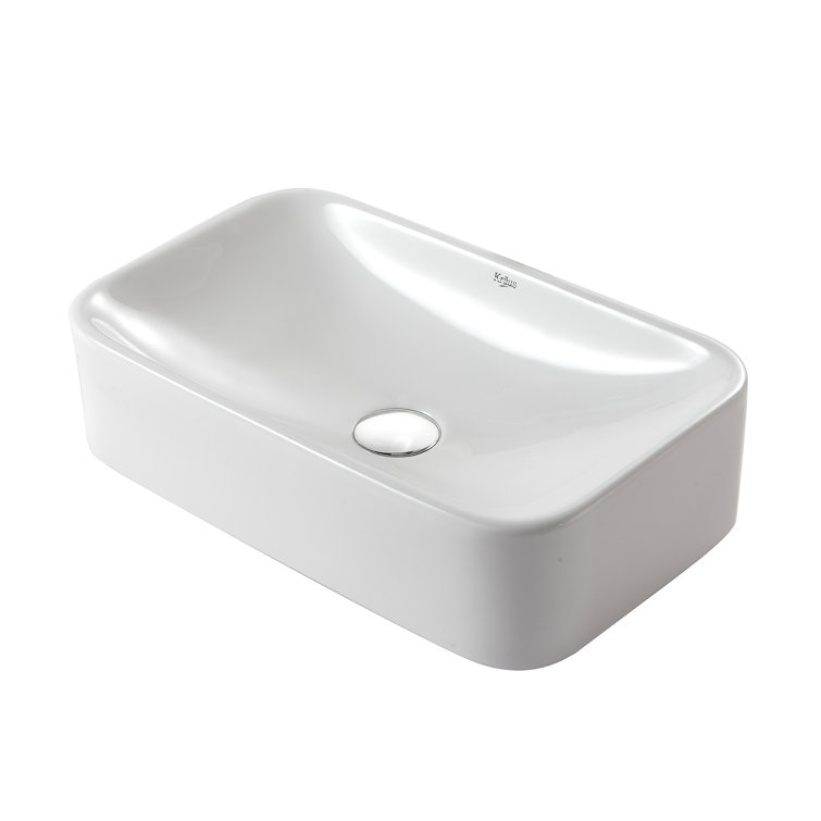 White Ceramic Rectangular Above-Counter Vessel Sink with Chrome Drain