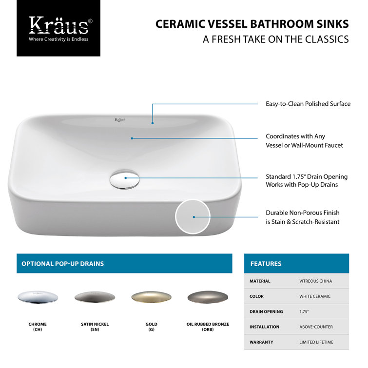 White Ceramic Rectangular Above-Counter Vessel Sink with Chrome Drain