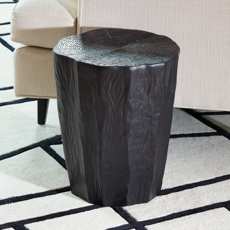 Black Matte Glazed Ceramic Trunk Stool with Faux-Bois Texture