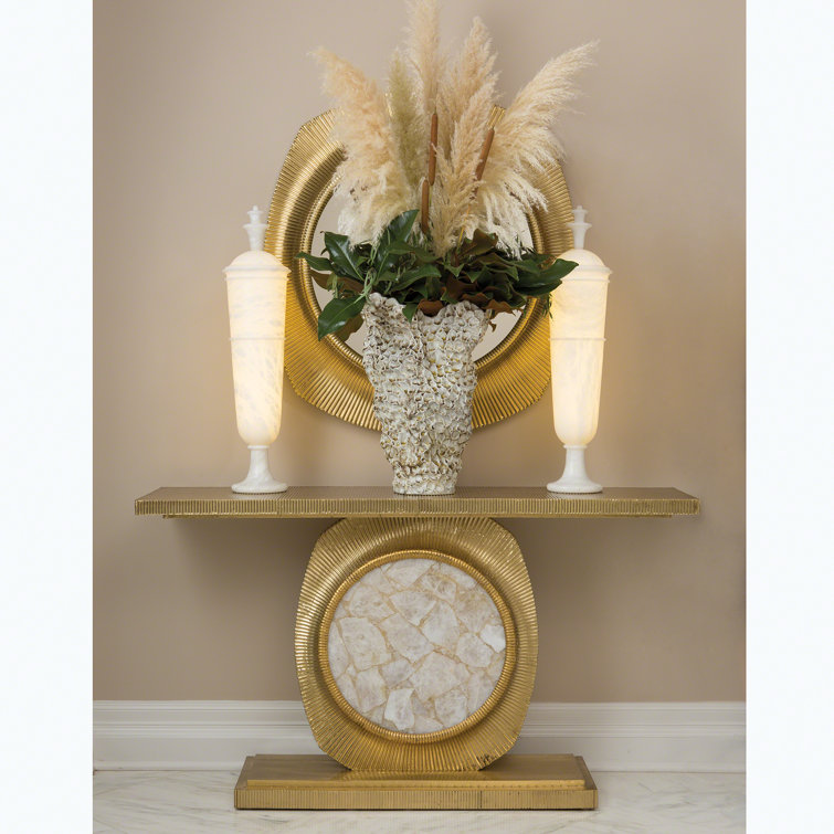 Opera Fluted Gold Brass Console with Quartz Stone Insert