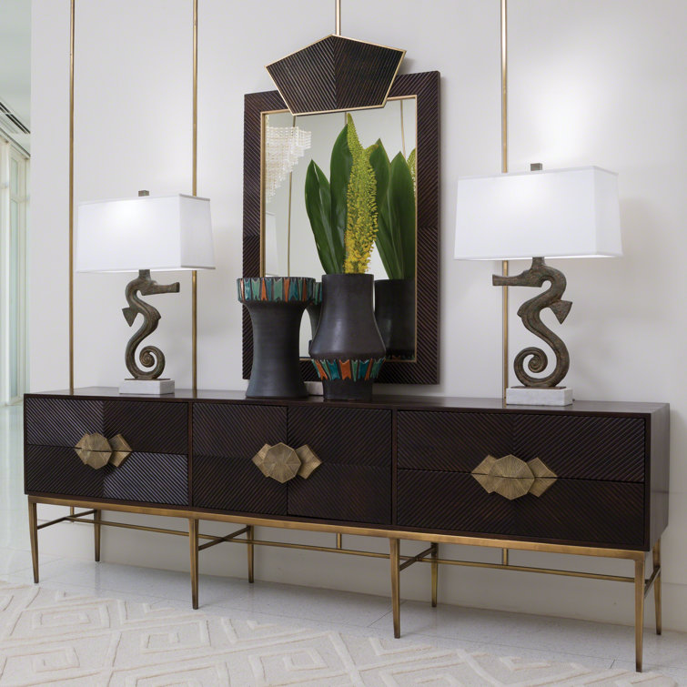 Dark Walnut Chevron Media Cabinet with Brass Hardware