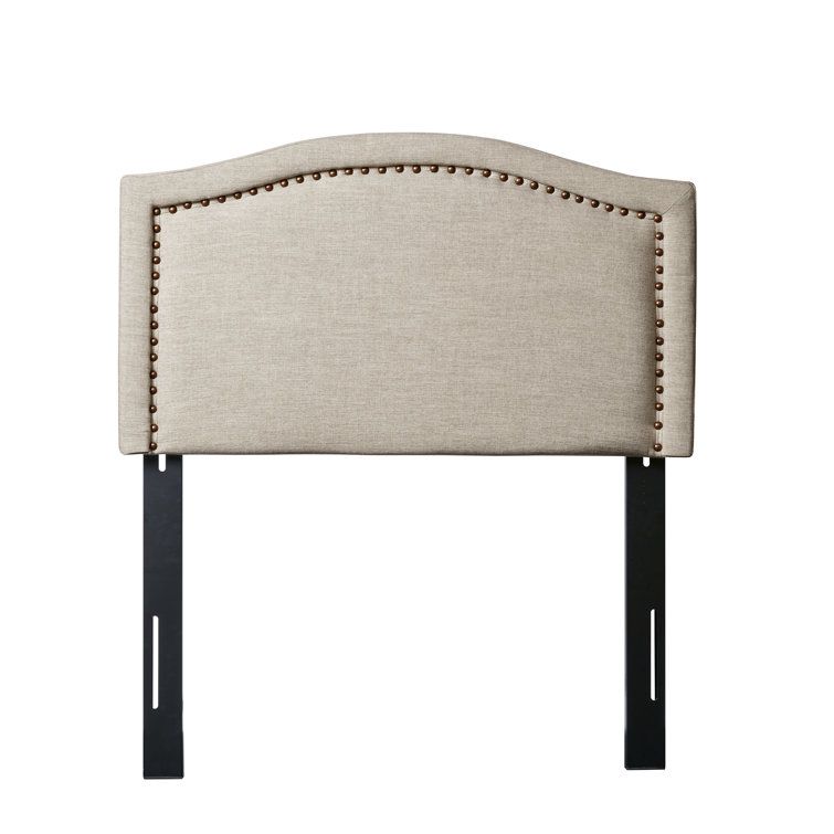 Beige Queen Upholstered Headboard with Nailhead Trim