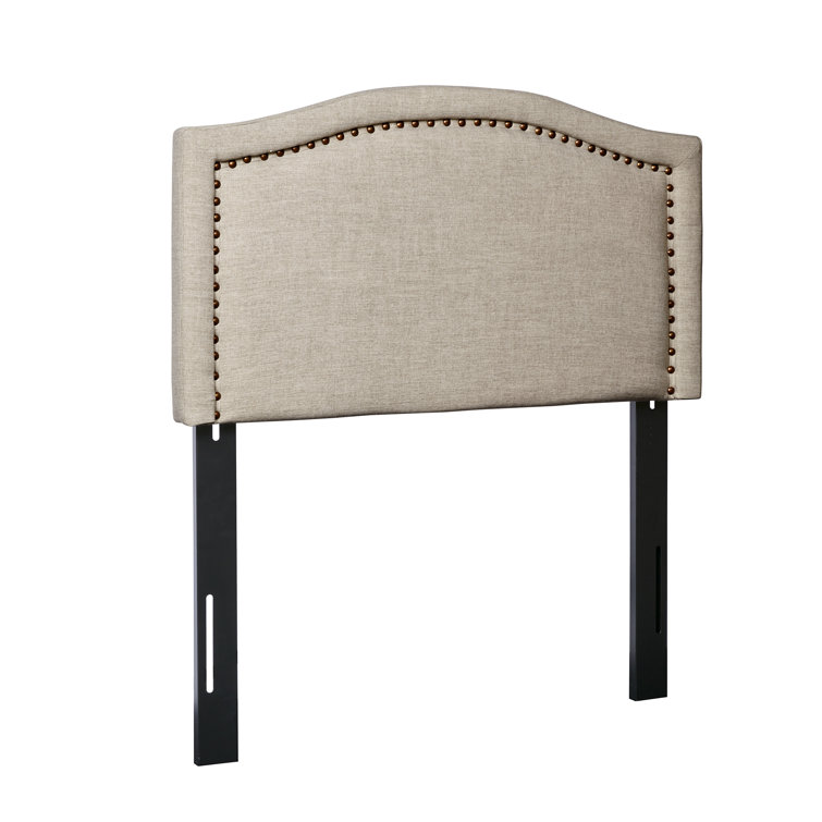 Beige Queen Upholstered Headboard with Nailhead Trim