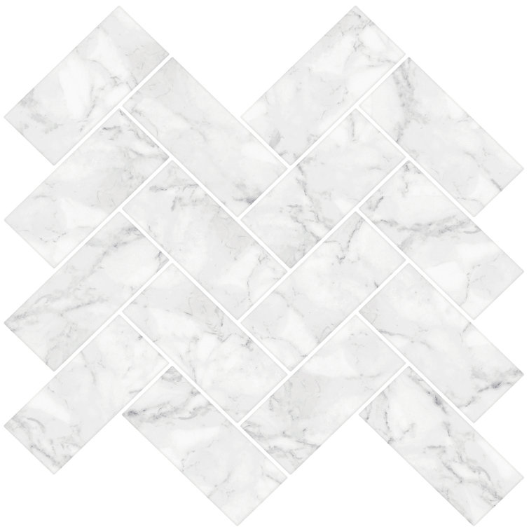 White and Off-White Herringbone Peel and Stick Marble Backsplash Tiles