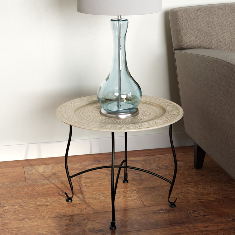 Moroccan Vineyard-Inspired Round Aluminum Tray Table in Silver and Black