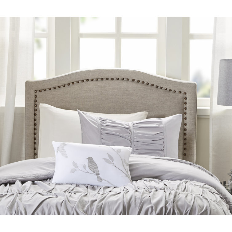 Beige Queen Upholstered Headboard with Nailhead Trim