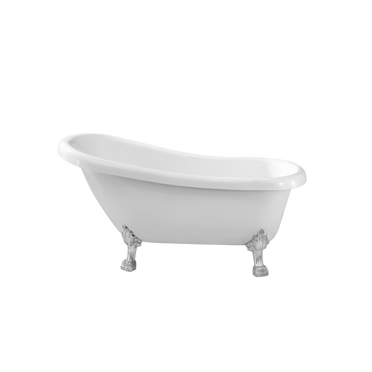 61" Glossy White Acrylic Clawfoot Bathtub with Chrome Feet and Drain