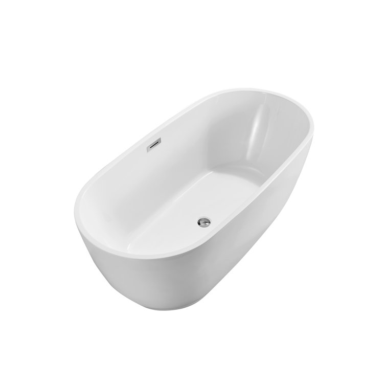 59" Glossy White Acrylic Freestanding Soaking Bathtub with Polished Chrome Drain