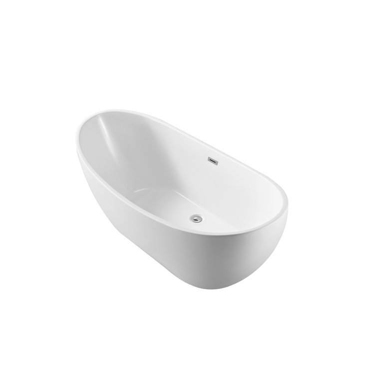 62'' White Glossy Acrylic Freestanding Soaking Tub with Chrome Drain