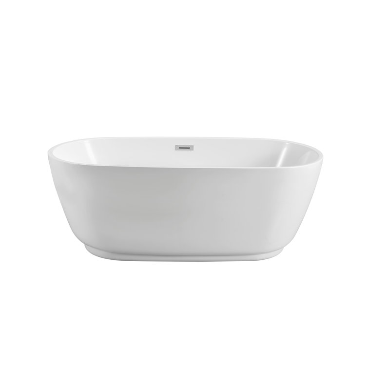59" Glossy White Acrylic Freestanding Soaking Bathtub with Polished Chrome Drain