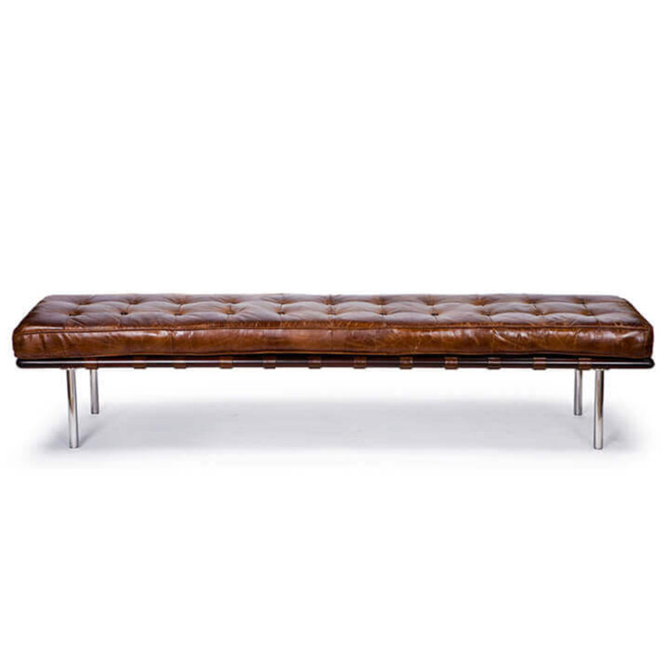 Vintage Brown Leather Tufted Gallery Bench