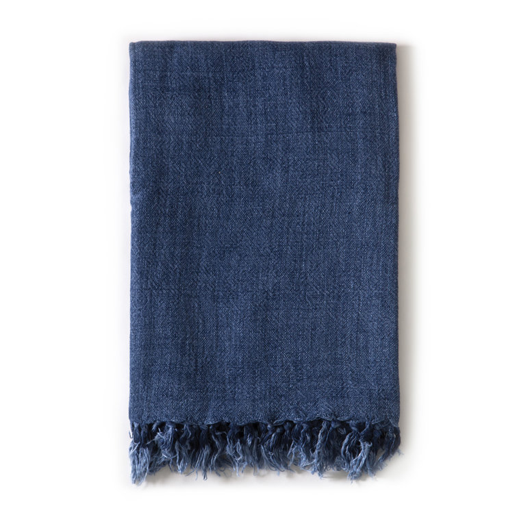 Indigo Montauk King-Size Heavy Linen Throw Blanket with Knotted Fray Edges