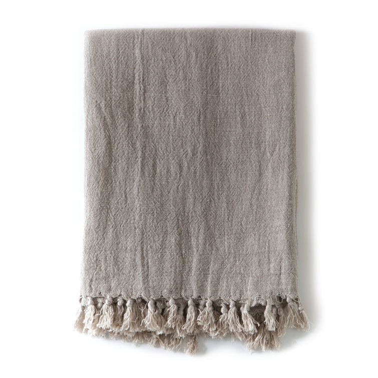 Natural Linen Knitted Throw Blanket with Fringe