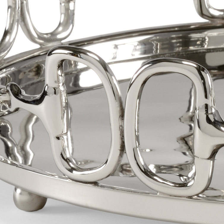 Polished Nickel Cast Brass Decorative Tray with Stirrups Design