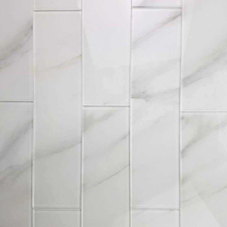 Glossy Calacatta White 4x16 Marble Look Glass Subway Tile