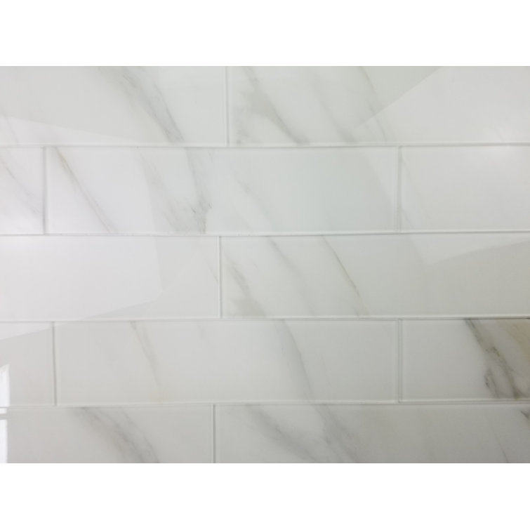 Glossy Calacatta White 4x16 Marble Look Glass Subway Tile