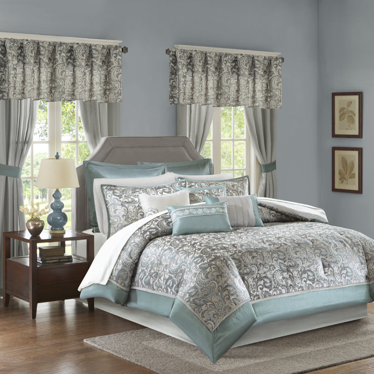 Navy Jacquard Paisley Queen 24-Piece Microfiber Bedding Set