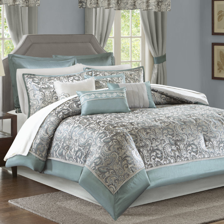 Teal and Gray Floral Motif California King Bedding Set