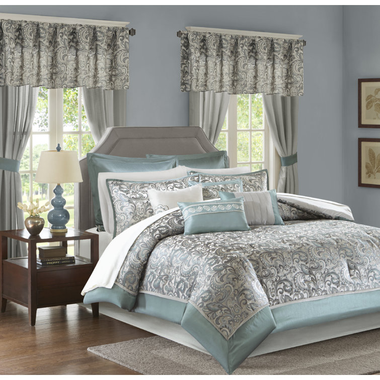 Navy Jacquard Paisley Queen 24-Piece Microfiber Bedding Set
