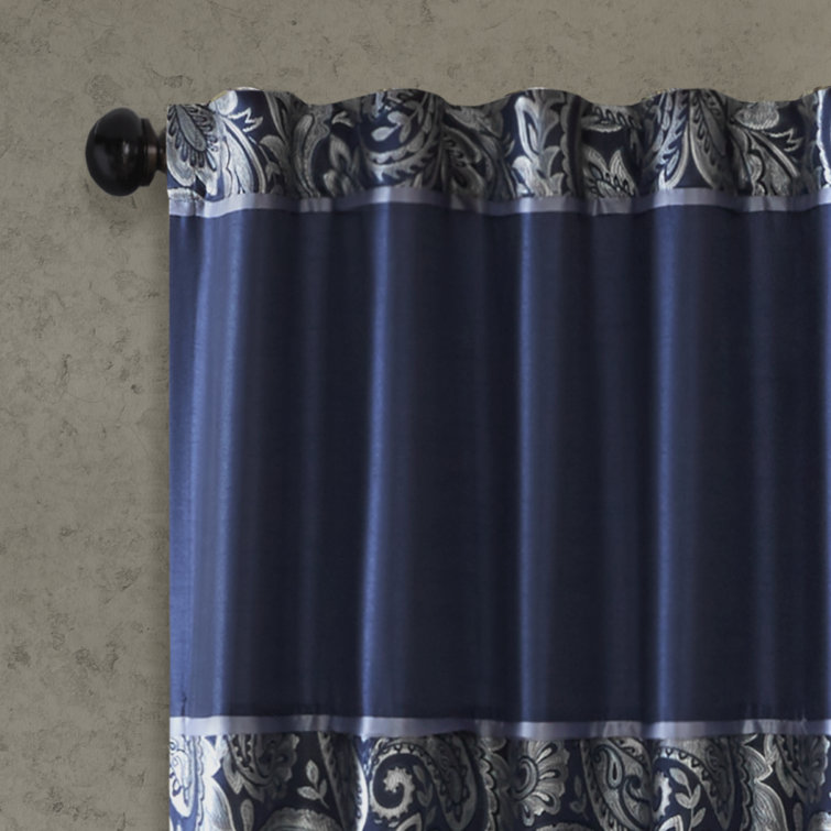 Navy Faux Silk Paisley Jacquard Curtain Panel Pair