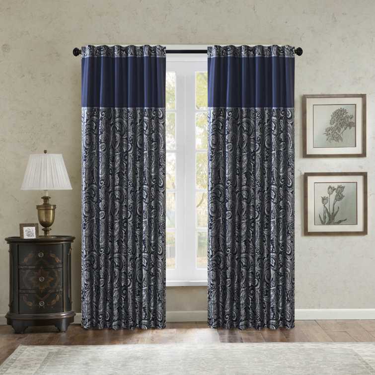 Navy Faux Silk Paisley Jacquard Curtain Panel Pair