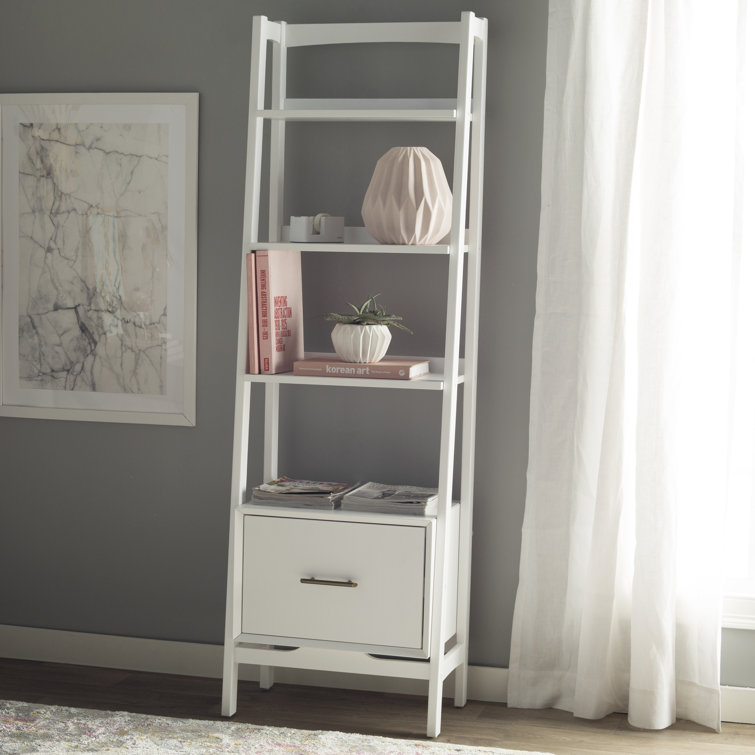 Mid-Century Modern White Wood Ladder Bookcase with Drawer