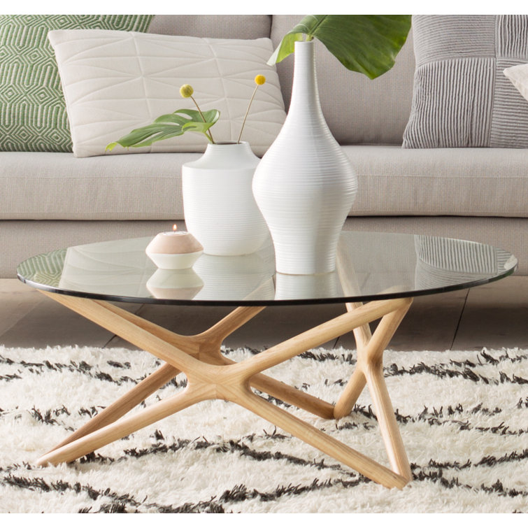 Natural Wood X-Leg Round Glass Coffee Table