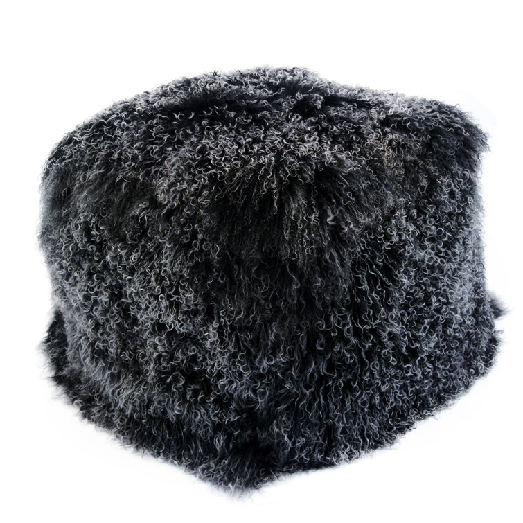 Modern Black Snow Faux Lamb Pouf Ottoman, 22" Square