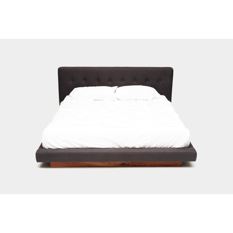 King Ash Linen Tufted Upholstered Platform Bed with Walnut Base
