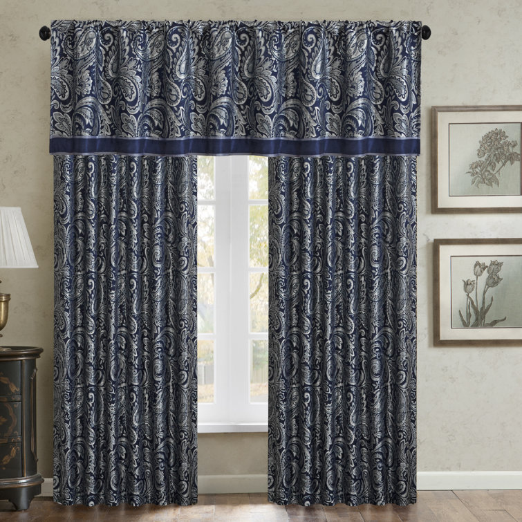 Navy Faux Silk Paisley Jacquard Curtain Panel Pair