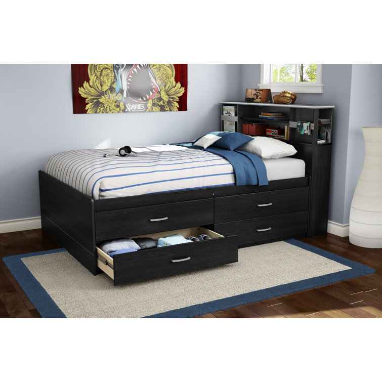 Black Onyx Full Captain Bed with Bookcase Headboard and Drawers