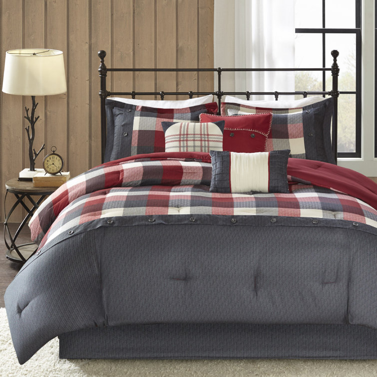 King Red Microfiber Herringbone Comforter Set with Decorative Pillows