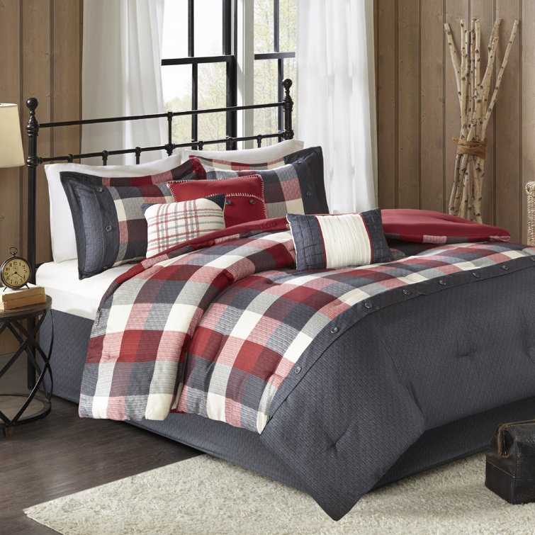 Queen Red and Gray Herringbone Plaid Comforter Set