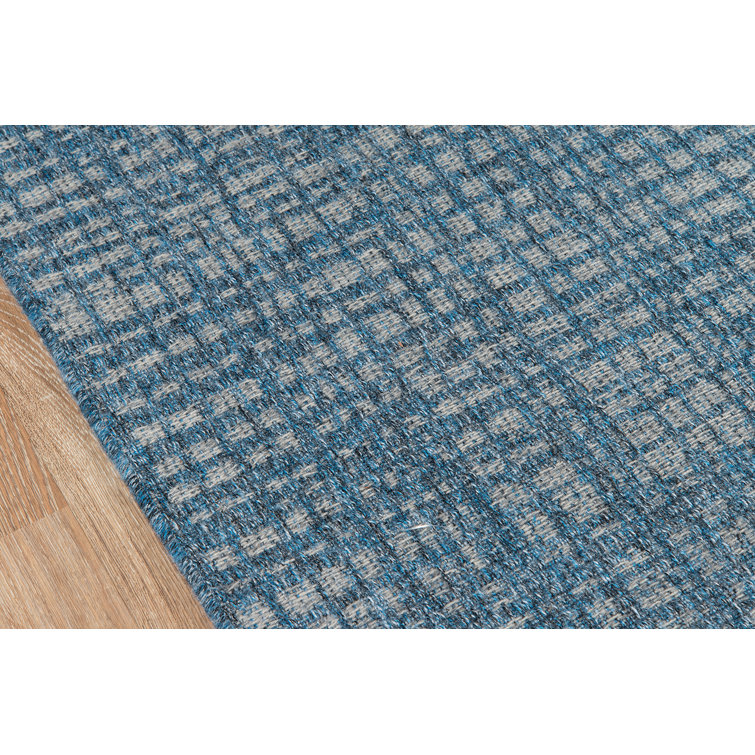 Navy Blue Geometric Synthetic Indoor/Outdoor Runner Rug