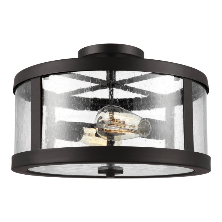 Elevated Bronze Drum 2-Light Flush Mount with Seeded Glass