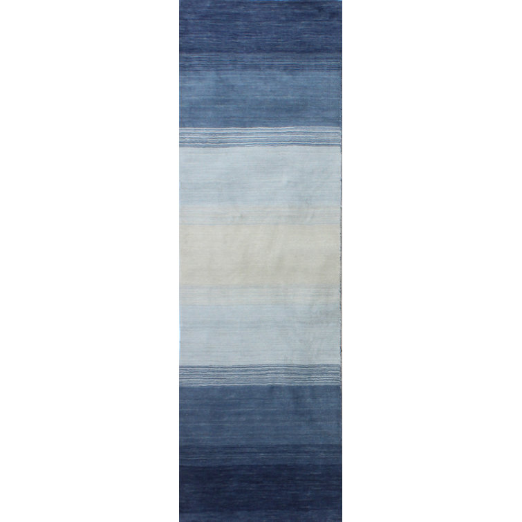Handmade Blue and Ivory Wool Striped Runner Rug