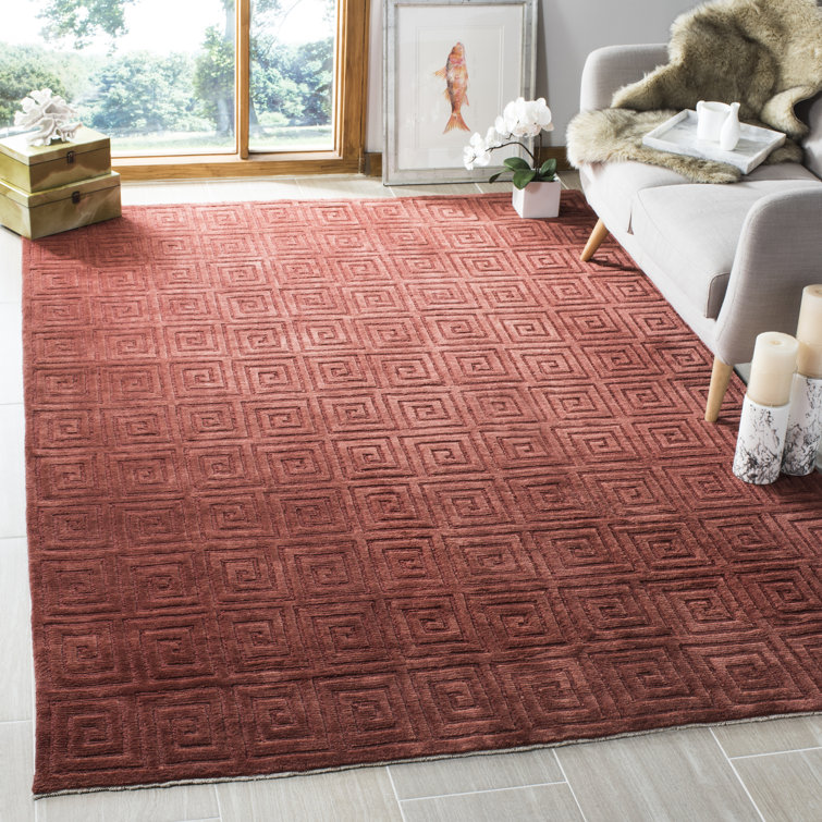 Rustic Geometric Hand-Knotted Wool Rug - 6' x 9' - Rust