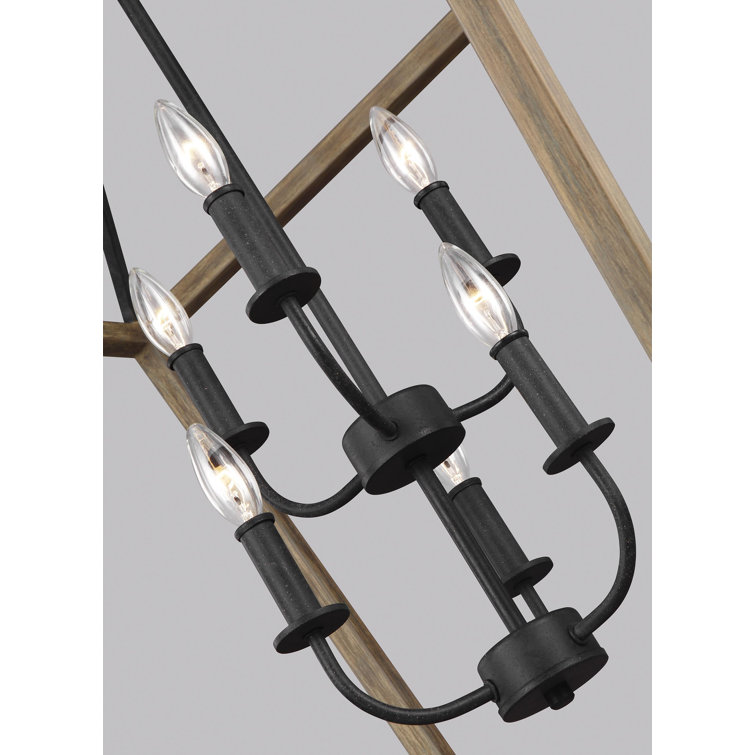 Weathered Oak and Antique Forged Iron Brass Cage 6-Light Chandelier
