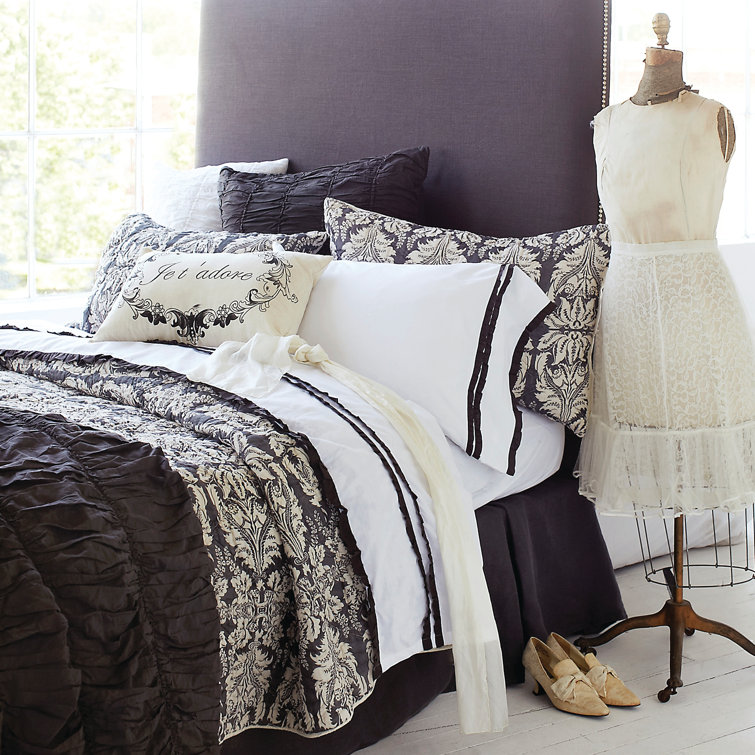 Gray Damask Cotton Twin Reversible Quilt Set
